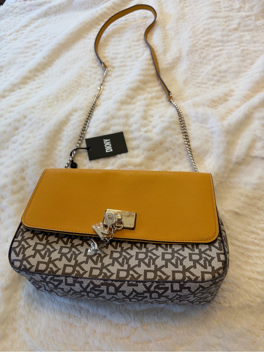 DKNY Mustard Yellow Flap Logo-Print Chain Crossbody